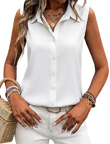 ONKEEP Womens Sleeveless Button Down Shirts Wrinkle Free Solid Business Casual Blouses for Women Office Work Tops White Medium