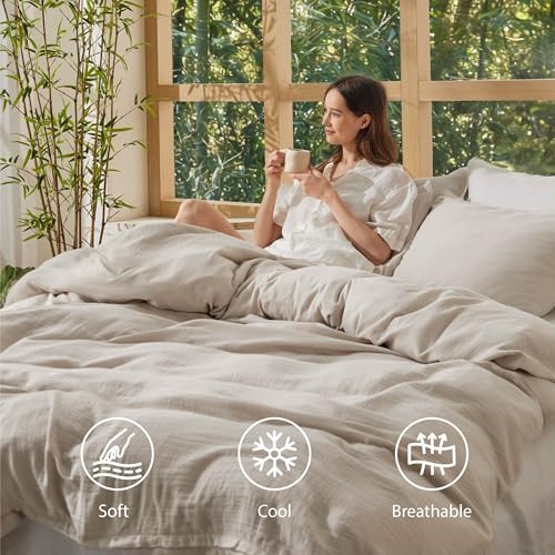 Image of Bedsure Muslin Duvet Cover Queen Size - Cotton Blend Viscose Derived from Bamboo, Cooling Duvet Cover for Hot Sleepers, PureWoven Ultra-Soft & Breathable Bedding Set for All Seasons (Linen, 90 inchx90 inch)