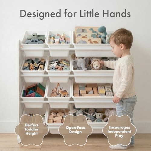 Image of Humble Crew Toy Storage Organizer with 12 Removable Storage Bins for Kids Playroom, 4-Tier Toddler Toy Organization, White /White