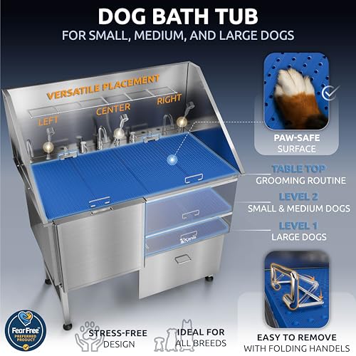 Image of KANIS Professional Dog Washing Station 304 Stainless Steel Pet Wash Sink & Grooming Bathtub w /Shower, Floor Grates and Storage for Large, Medium & Small Pets (Silver, 50 Inches, Left Ramp, 1 Drawer)