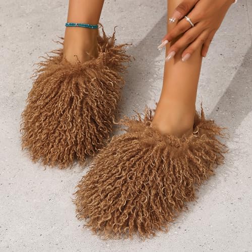 Image of Unisex Fuzzy Faux Fur Slippers, Women's Fluffy Long Hair Sheep Faux Fur Slip on Slides, Girls Luxury Big Fluffy Outdoor Flat Slippers, Long Curly Hair Non-Slip Warm Home Slide Shoes