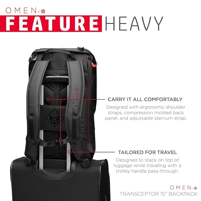 Image of HP OMEN Transceptor 15 Backpack, 15.6 inch, 20L Capacity, Water Resistant, Padded Laptop Compartment, Ergonomic Design, Trolley Pass-Through
