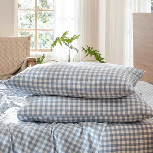 MOOMEE Gingham Pillowcase Set of 2 100% Washed Cotton Linen-Like Queen