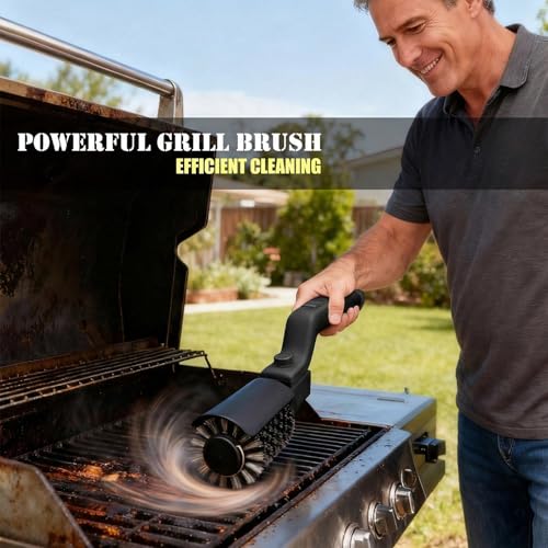 Elektrische Grillbürste Akkubetrieben – 180° Verstellbarer Kopf, 3-Stufen-Motor, 90 Min Laufzeit, Wasserdicht, Edelstahl & Nylon Bürstenköpfe für Grillrost, Smoker, Grillplatte (Schwarz)