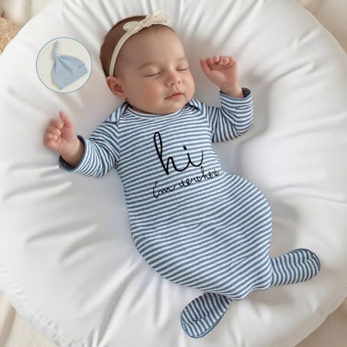 Image of Baby Girl Boy Sleeping Waffle Bag Letter Embroidery Long Sleeve Sleep Striped Sack with Hat 2 Piece Set for Fall