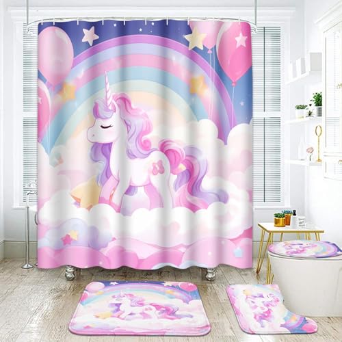 Arttown Unicorn Rainbow Balloon Bathroom Set with Shower Curtain and