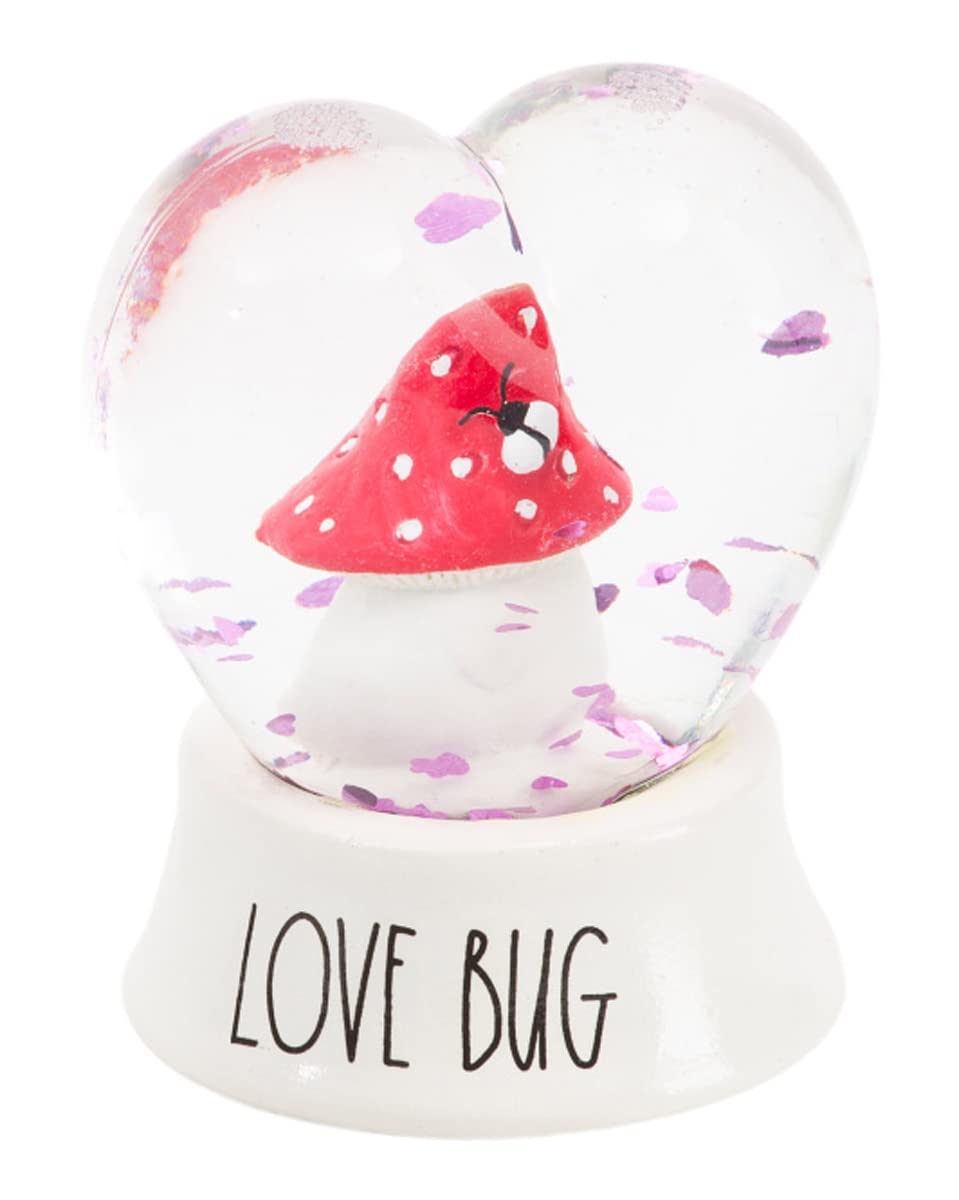 Rae Dunn Love Bug Snow Globe! Heart Design with Red Mushroom Inside Snowglobe! Valentine's Day Snow Globe Gift for A Spouse, Special Friend Or Anyone You Feel Close to! Choose Your Design! (Love Bug)