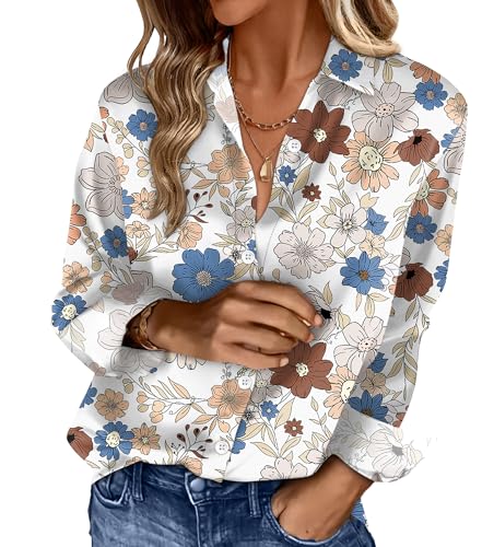 OFEEFAN Womens Button Down Shirts Blouses Business Casual Fashion Outfit Spring Summer Boho Tops Beach Vacation Clothes Print 14 2XL