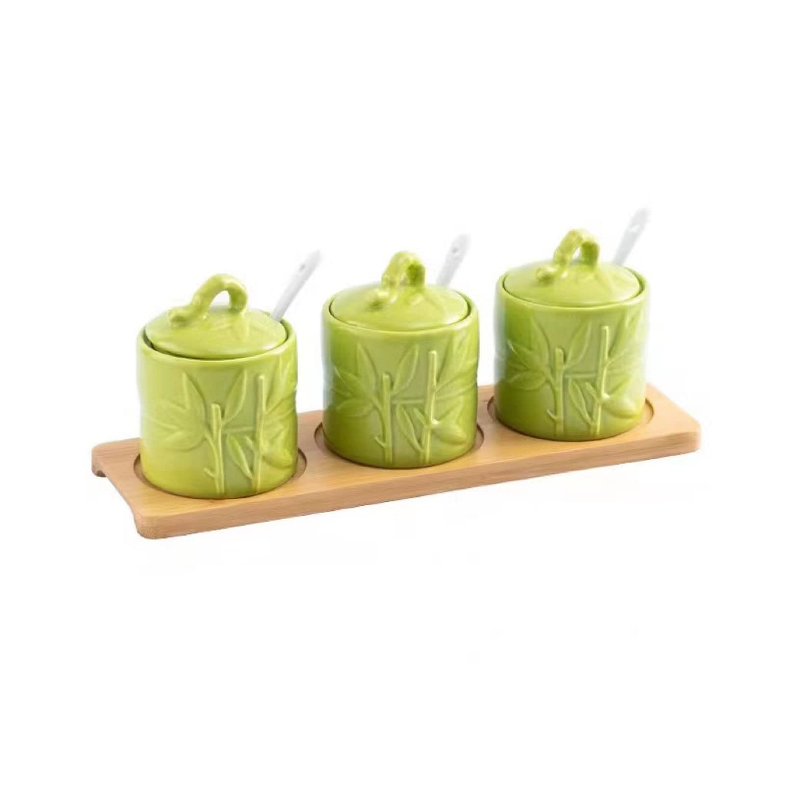 Dispenser per zuccheriera, Zuccheriera cinese con coperchio, barattolo portaoggetti con foglie di bambù in rilievo, saliera in porcellana verde da 200 ml/7 once, for bar, ristorante-verde -3 set ( Col