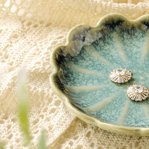 Image of Lotus Ring Holder Dish Small Indoor Ash Tray, Ceramic Dessert Plate Trinket Jewelry Holder Organizing Necklace Earrings for Parents Friends Sister, Deep Green. All Jewelries Are NOT Included.