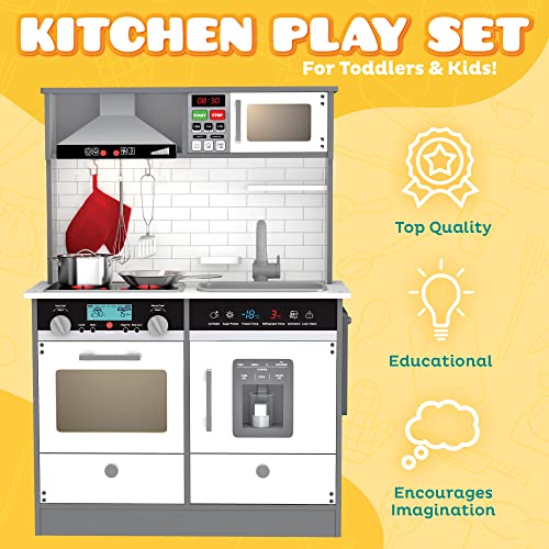 Play Kitchen - Real Wooden Kitchen Set For Kids With Lights & Sound - Toddler Kitchen Kids Playset - Small Child’s Pretend Kitchenette For Boy, Girl, Big Kids Ages 3-10 - Stove Cooktop, Microwave, Ice #TOP1