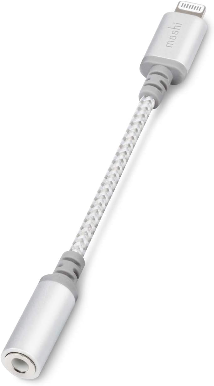 MoshiIntegra™ Lightning to 3.5mm Headphone Jack Adapter [MFi Certified], Ballistic Nylon Braided, Aluminum Housings, Exceeds 10,000 Bend Cycles, for iPhone/iPad/iPod Touch, Jet Silver
