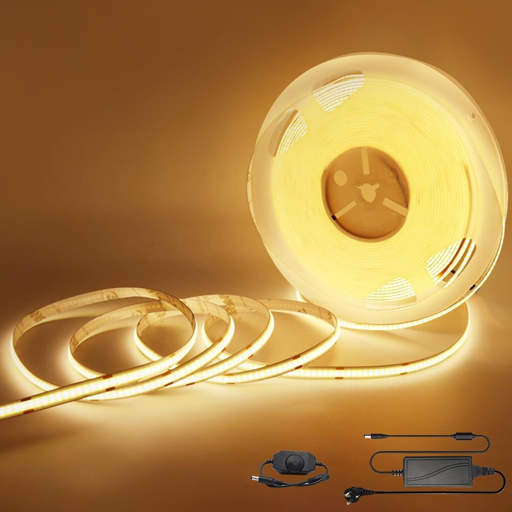 Arote Ruban LED COB 10m Blanc Chaud 3000K 24V, Bande LED Avec un gradateur et une alimentation électrique Flexible Haute Densité 320LEDs/m Dimmable IP20 pour TV Rétro-éclairage Chambre Cuisine