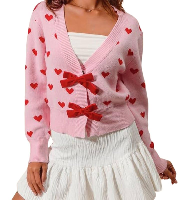 Women Valentines Day Heart Sweater Cardigan Cute Long Sleeve Open Front Knitted Outwear Holiday Party Sweater Tops