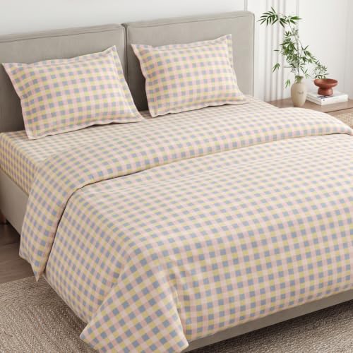 Image of Haus & Kinder Double Bed Bedsheet 90 x 100 | 186 TC Pure Cotton Bed Sheet Double Bed with 2 Pillow Covers | Queen Size Bed Sheet | Awairo Check Soft Pastel