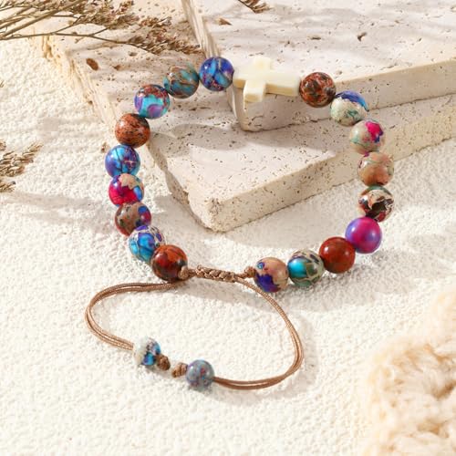 Image of enasal Easter Basket Stuffers for Teens Girls, Nature Stone Easter Gifts Cross Bracelet, Christian Gifts Inspirational Jewelry