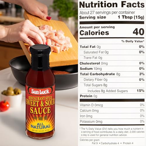 Sun Luck Restaurant Sweet & Sour Sauce 14.5 oz Bottle – Classic Sweet-Tangy Dipping Sauce for Egg Rolls & Appetizers; Great Marinade & Glaze for Chicken & Pork.