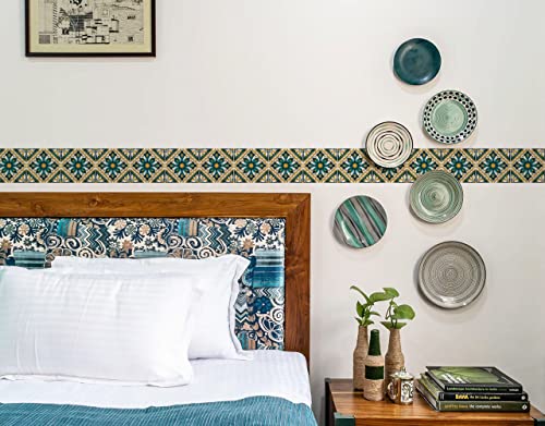 Image of WallDesign Blue Lemon Pansy Tile Sticker - 25 Self-Adhesive Stickers for Cupboard, Door, Cabinet, Furniture, Table, Glass, Wall - 4.8 inch X 10 Ft Border