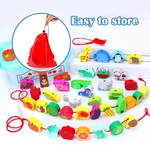 Image of 46 PCS Wooden Lacing Beads,Animals Fruits Threading Toys for Toddlers,Preschool Learning Lacing Toys,Montessori Educational Stringing Threading Beads Toys for Kids 3 4 5 6 Year Old Boys Girls