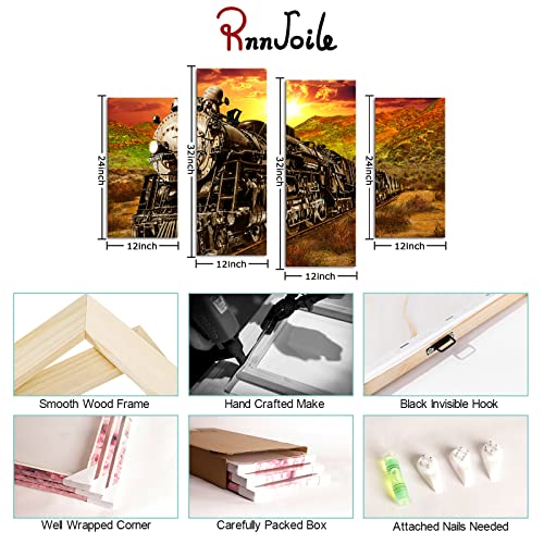 Rnnjoile 4 Piece Train Canvas Wall Art Steam Train Locomotive Crossing Spring Fields In Sunset Picture Prints Old Style Vehicle Painting Artwork For Living Room Bedroom Decor Framed #TOP5