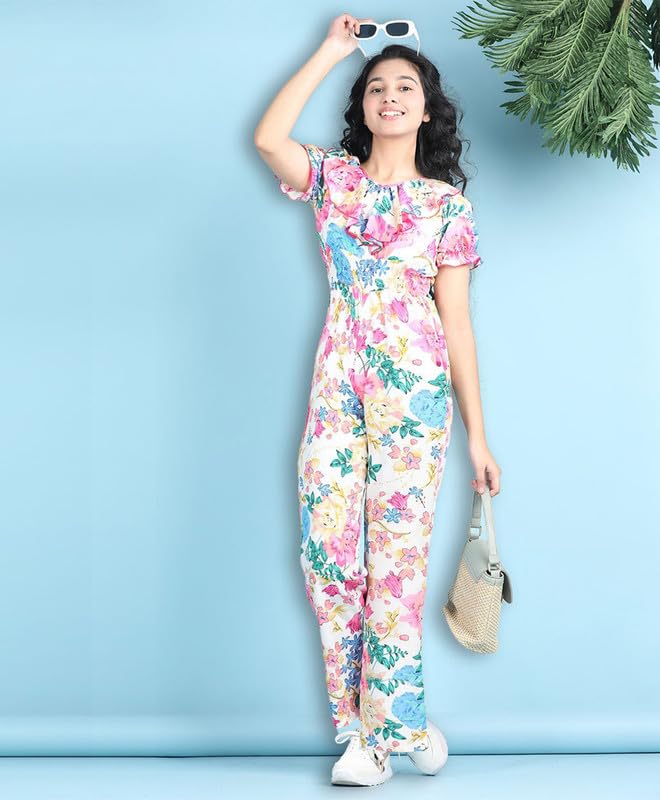 Image of Girls Stylish Floral Print Embellished Jumpsuit | Lightweight & Comfortable Fabric | Jumpsuit for Kids | Ideal for Casual & Outings