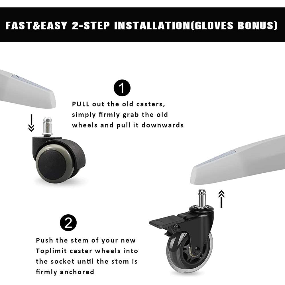 Kit 4 Ruedas Con Freno Para Silla De Oficina - Vástago 7mm, Plástico Resistente, Giratorias 360°, Fácil Instalación