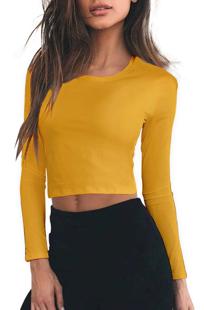 GUBUYIWomen's Long Sleeve Crew Neck Crop Top Basic Casual Slim Cotton Top T-Shirt