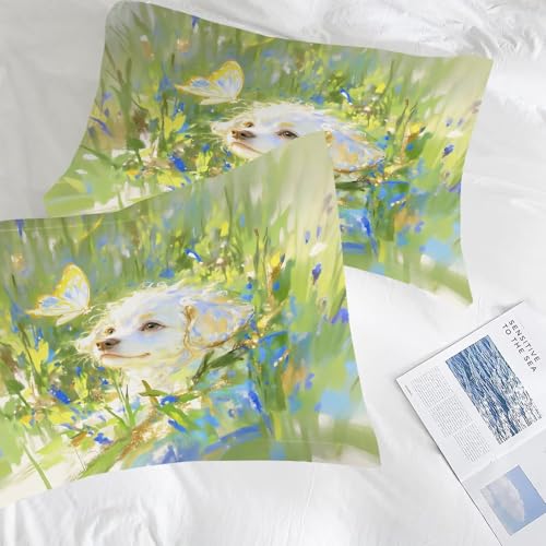 Image of Cute Dog Comforter Set Full Size Pet Puppy Animal Bedding Sets for Girls Boys Kids Adults Bedroom Decor Green Watercolor Quilt 1 Comforter 2 Pillowcases