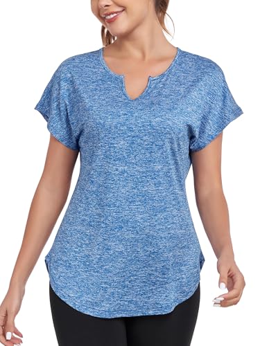 Women's Short Sleeve Workout Shirts V Neck Exercise Yoga Basic Top Quick Dry Side Split