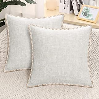 decorUhome Set of 2 Linen Cushion Covers 65X65cm,Decorative Outdoor Plain Vintage Cushion Covers with Stitched Edges, large Square Farmhouse Neutral Pillow case 26x26 Inch for Sofa, Beige