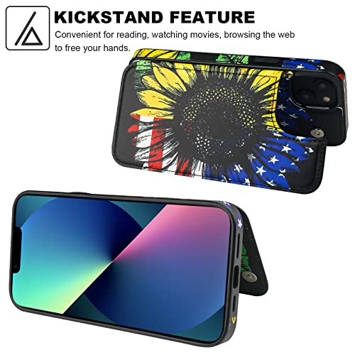 Image of HAOPINSH for iPhone 13 Case Wallet with Card Holder, American Flag Sunflowers Pattern Back Flip Folio PU Leather Kickstand Card Slots Case for Women Girls, Double Magnetic Clasp Cover 6.1 inch