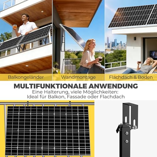GLIESE Balkonkraftwerk Halterung für 400W-550W Solarmodule - 15°-45° verstellbar aus stabilem Aluminium, inkl. Haken für Quadratprofil-Geländer - Für Balkon, Flachdach, Wand (Schwarz)
