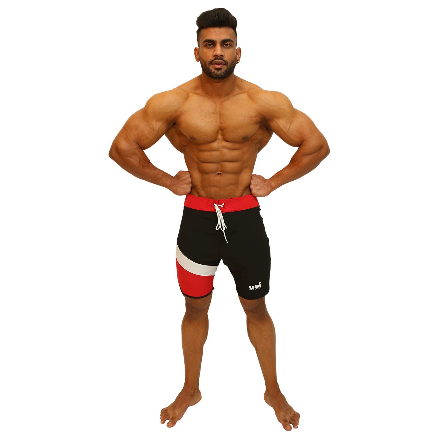 USI Universal 411PDB Men's Diagonal Physique Board Shorts, Fitness Shorts, Polyester Elastane Construction, Hook Loop Fly, Drawstring Closure (Size: S, Color: Black) 1