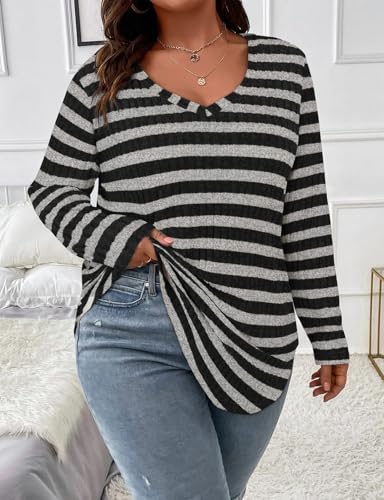Image of Koscacy Women Plus Size Casual Knit Sweater V Neck Solid Color Tops Lightweight Long Sleeve Blouses