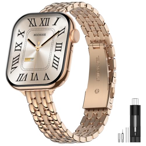 Image of Slim Metal Bands for Apple Watch 38mm 40mm 41mm 42mm(Series 11 /10) | Thin Shiny Stainless Steel Strap Bands for Women, Fit iWatch Series 11 10 9 8 7 6 5 4 3 2 1 SE3 SE2 SE, Rose Gold