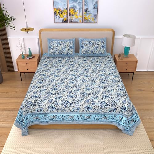 Image of India 100% Pure Cotton Jaipuri Printed Double Bedsheet with 2 Pillow Covers | Traditional Sanganeri Floral Design | Soft Breathable Fabric | King Size Bedsheet for Bedroom (Kaya43)