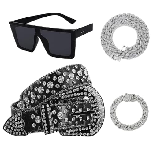 4 Pcs Cowboy Accessories Set Rhinestone Belt for Women Crystal Sunglasses Rhinestone Necklace and Bracelet Chain for Women Men