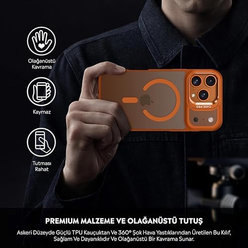 Babilden iPhone için Kılıf Kamera Korumalı Magsafe Wireless Şarj Özellikli Mat Şeffaf Renkli Standlı Kılıf (Lens Hediyeli) (Turuncu, iPhone 17 Pro Max) - Görsel 5