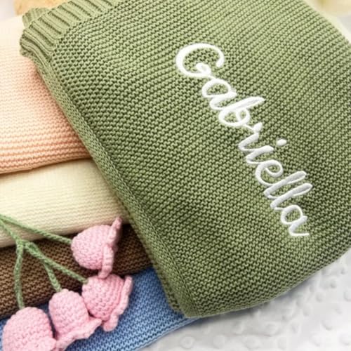 Image of Personalized Knit Baby Blanket,Baby Blanket with Name,Embroidered Baby Blanket,Custom Blanket,Soft Cotton Knit Baby Blanket (80x100cm/31x39inch)