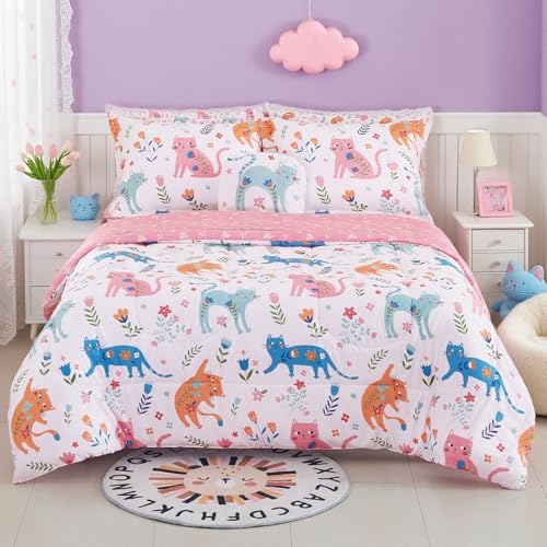 Mooreeke Kids Twin Comforter Sets for Girls 6 Pieces Cute Cat Flower Bedding Set for Teens Microfiber Floral Kids Bed in A Bag with Comforter Sheet Set Shams and Decorative Toy Pillow All Season
