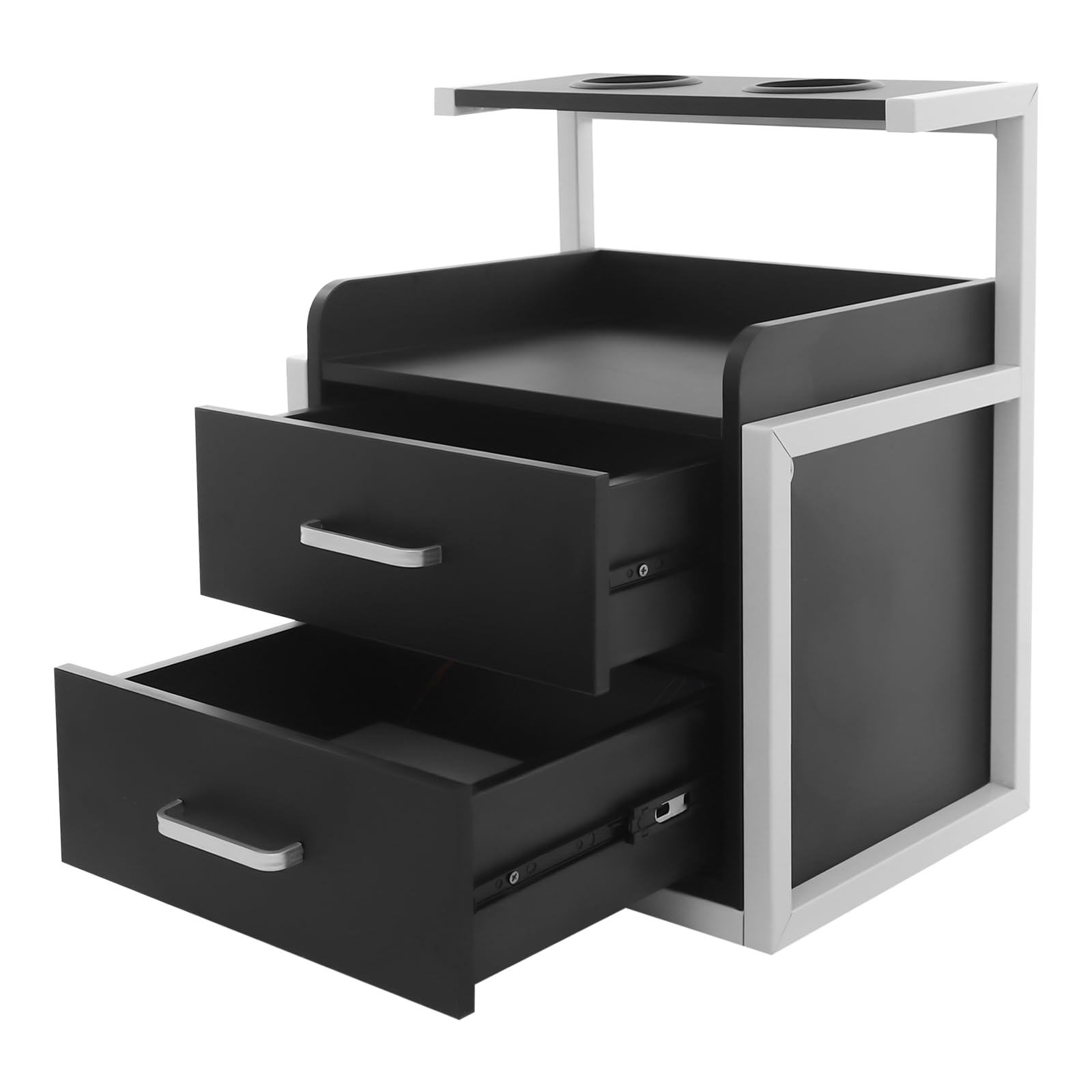 Suspended Salon Wall Cabinet, Wandschrank Friseursalon, Aufbewahrungsschrank mit 2 Schubladen, Offener Ablage und Föhnhalter, Für Salon, Bad, Spa, 40x30x48 cm (Weiß+Schwarz)
