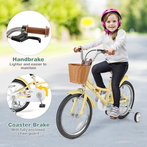 Image of BABY JOY Retro Kids Bike, 12 14 16 18 Inch Child Bike for 3-8 Years Old w /Rattan Basket, Adjustable Height, Training Wheels, Fenders, Handbrake Coaster Brake, 95% Pre-Assembled Kids Bicycle for Girls