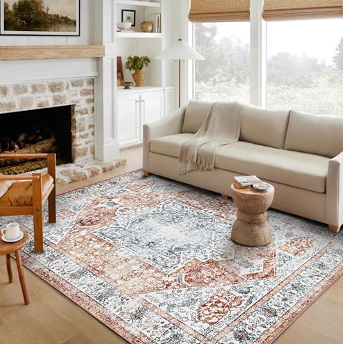 CHAMPLANT 4x6 Washable Vintage Area Rug Tangerine Traditional Floor Cover Foldable Rug Retro Kitchen Accent Rug Indoor Distressed Non Slip Carpet Floral Print Mat Bedroom Living Room Bathroom - Thumbnail 2