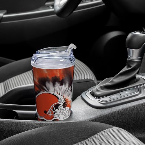 Image of Rico Industries NFL Football Cleveland Browns Metallic Tie Dye 24oz Metallic Acrylic Tumbler with Hinged Lid, Officially Licensed Double Wall Tumbler with Straw