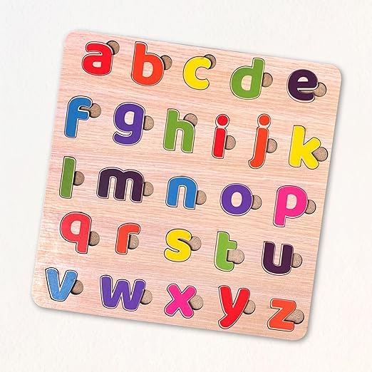 wooden english lowercase alphabet puzzle board | abc small letters wooden peg puzzle | montessori educational toy for kids | preschool learning board