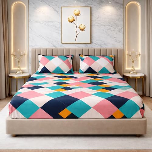 Image of THEA King Elastic Fitted Double Bedsheet Set| 100% Cotton Like Soft Fabric | Microfiber King Elastic Double Bedsheet for King Size Bed (72 X 78 x 10 inches) with 2 Pillow covers,Modern Mosaic