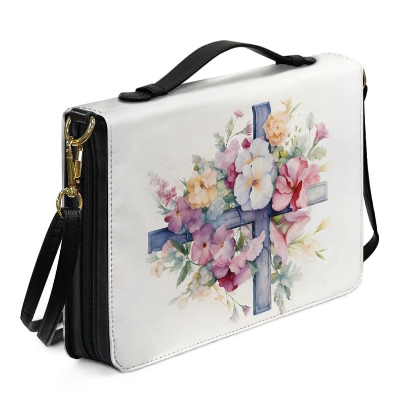 Kuiaobaty Cute Floral Cross Print Bible Book Carrying Book Case with Shoulder Strap, Christian Cross Flower Bible Church Bag PU Leather Church Journal Bag — image 1