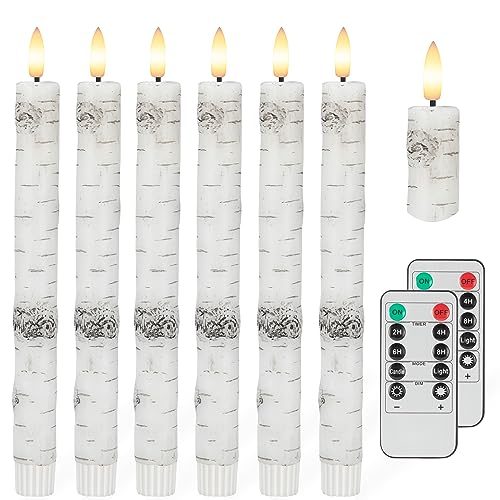 Image of Birch Bark Flameless Taper Candles with 3D Wick, 9.6 inch Real Wax LED Candles | Flickering Candlesticks Battery Operated, Electric Candle with 2 Remote & Timer, For Home, Wedding, Party, Decor, 6 Pack