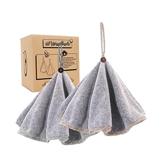 myHomeBody Hand Towels with Hanging Loops, Hand Towels with Button Loop, Kitchen Hand Towels with Button, Kitchen Hand Towels Decorative, Hand Towels with Button, Set of 2, Grey