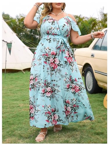 Image of Floerns Women's Plus Size Cold Shoulder Short Sleeve Split Thigh Long Dress